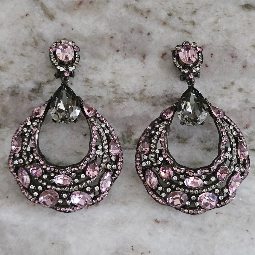 VINTAGE STATEMENT JOSE MARIA BARRERA PINK CRYSTAL CHANDELIER TEARDROP EARRINGS